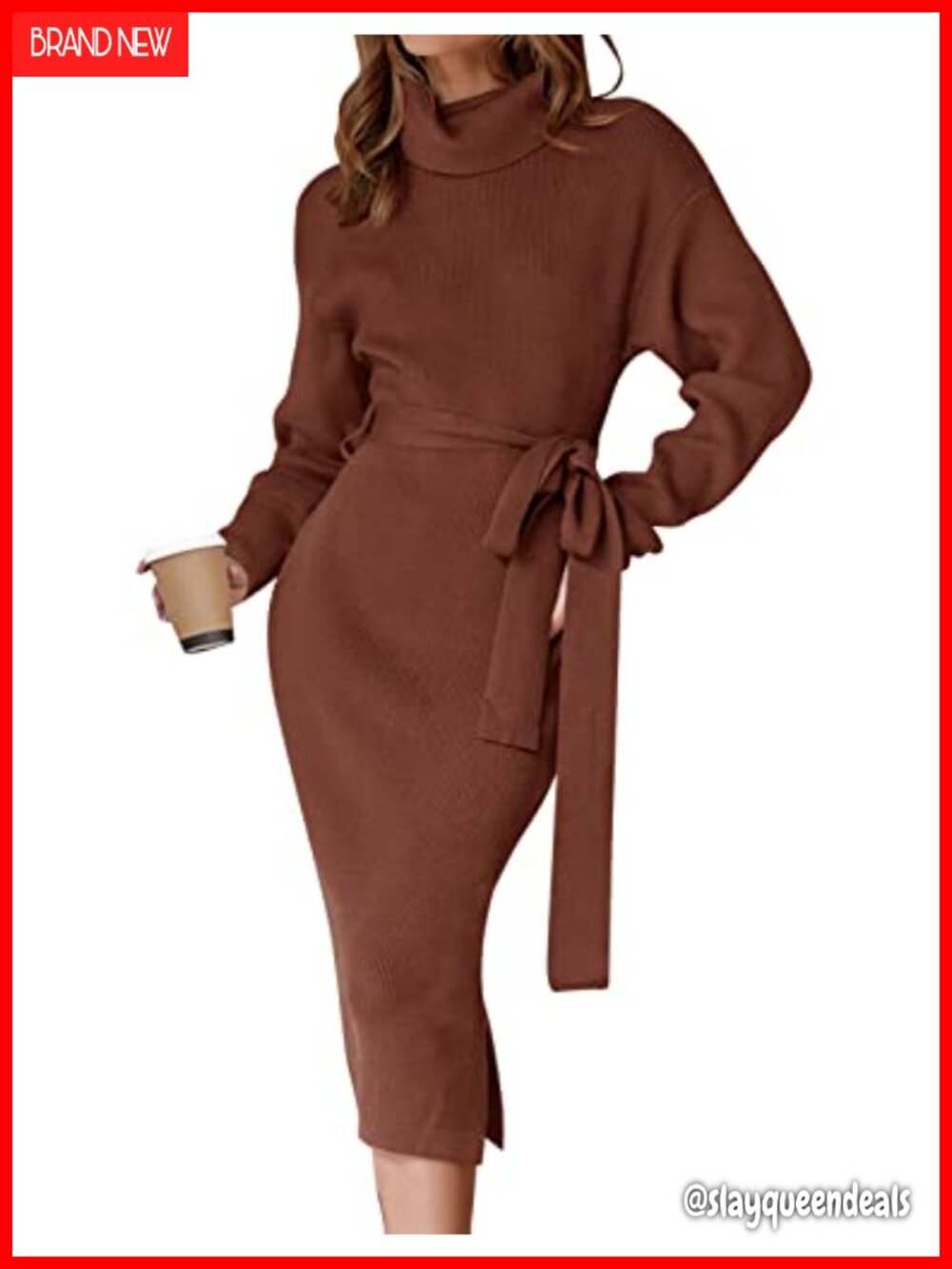 Turtleneck Long Sleeve Bodycon Midi Sweater Dress Ribbed Knit Pullover with Belt
